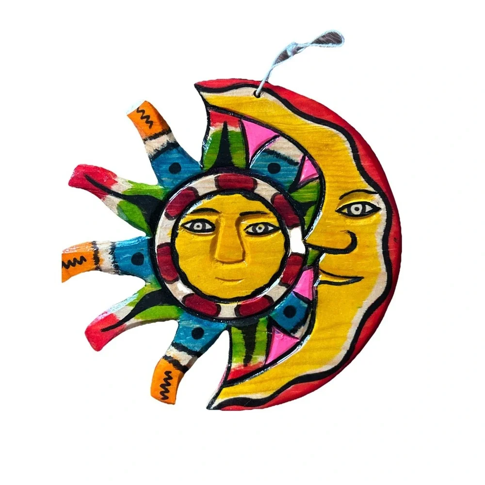 Colorful Carved Wooden Sun And Moon Wall Art Decor Hand Painted Celestial Bright